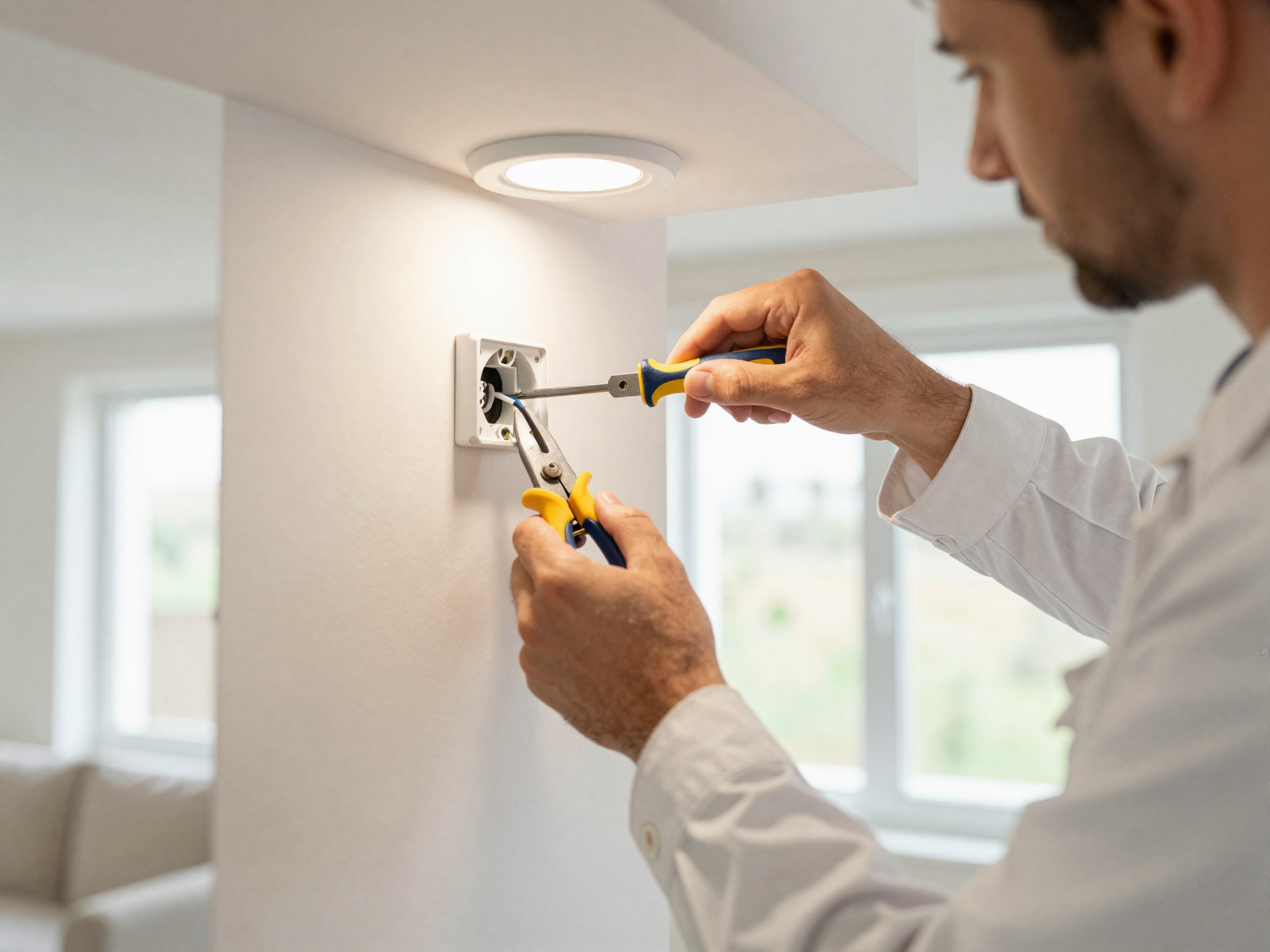 Residential electrician installing LED light fixture